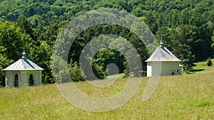 A chapel surrounded by fields and forests, Kalwaria PacÅ‚awska, Poland