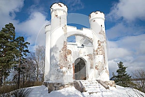 Chapel tomb of Ludvigsburg on the Island of the Dead close up in the sunny February day. Vyborg, Russia