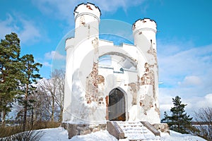 Chapel tomb of Lyudvigsburg on the Island of the Dead close up in the sunny February afternoon. Monrepos Park in Vyborg, Russia