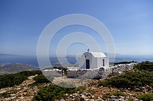 Chapel on top of a mountain in Iraklia island, Cyclades, Greece