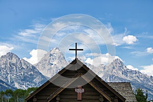 Chapel of the Transfiguration viewed from the front side with the Grand Teton range in the background