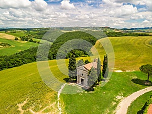 Chapel of Vitaleta (Cappella della Madonna di Vitaleta) in beautiful landscape scenery of Val d Orcia, Tuscany, Italy