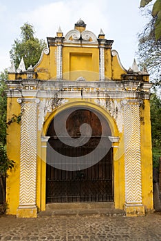 Chapel  Way of the Cross stations in street of thesteps of La Antigua Guatemala. Antique door in antigua Guatemala.