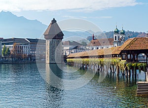 Chapel wooden bridge XIV c. and water tower, Lucerne, Switzerl