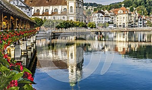 Chapel Wooden Covered Bridge Jesuit Church Reflection Lucerne Switzerland