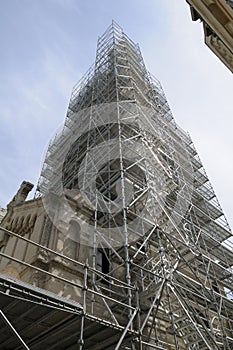 Chapelle de la Vierge topped with statue of Mary under restoration, Basilica Notre-Dame de Fourviere, Lyon