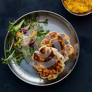 Chapli kabab served with fresh salad, a classic Indian dish