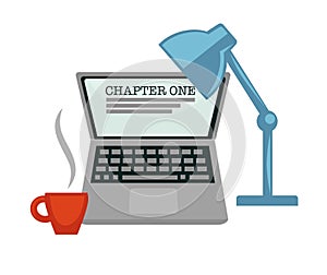 Chapter one writing novel laptop and lamp coffee cup