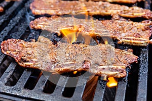 Char-grilled Marinated BBQ Korean Short Ribs on a barbecue grill with open flames photo