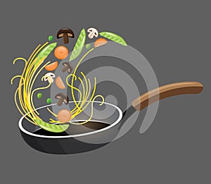 Spaghetti with vegetables cooking in a pan vector illustration