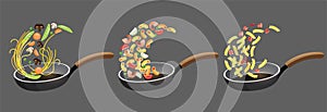 Set of pasta cooking in a pan vector illustration