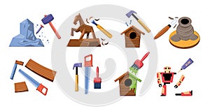 Set of woodworker tools hobby vector illustration