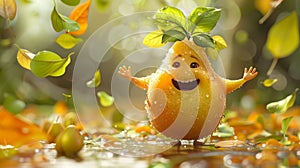 character animation, the lively pear cartoon bounces with excitement, its green leafy hair bobbing as it jumps up and