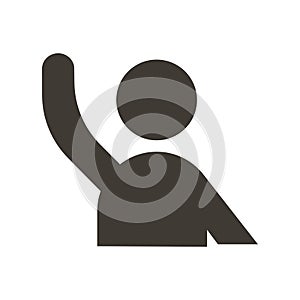 Character with arm raised ready to help, answer, question something or hand wave. Vector tflat glyph icon illustration. Volunteer