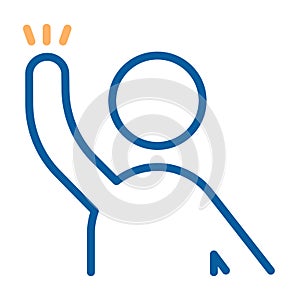 Character with arm raised ready to help, answer, question something or hand wave. Vector thin line icon illustration.