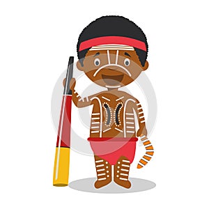 Character from Australia Aboriginal dressed in the traditional way with didgeridoo
