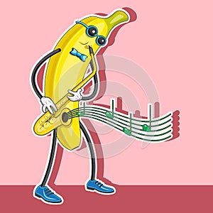 Character banana plays the saxophone with glasses and tie, vector image