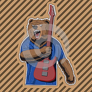 Character bear with a striped guitar in a rage. Vector image