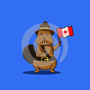 Character beaver holding canada`s flag, mascot independence canada day