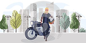 Character biker with helmet, motorcycle, stay on city background, cartoon vector illustration. Biker walking street