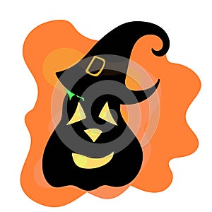 The character black pumpkin in a witch`s hat smiles frighteningly. photo