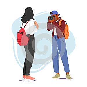 Character. Boy Captures Girl's Essence Through The Lens, Freezing A Moment Of Beauty Forever Cartoon Vector