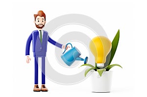 Character business man idea creation concept. A new idea from a light bulb and a plant. Growing an idea 3D illustration