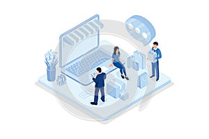 Character buying goods online on internet marketplace. Woman shopping online on laptop. Shopping and retail concept, isometric