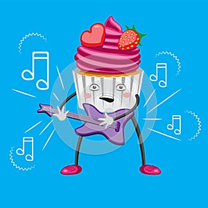 Character cake cartoon with guitar strawberry heart notes on an isolated background. Vector image