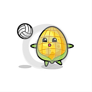 Character cartoon of corn is playing volleyball