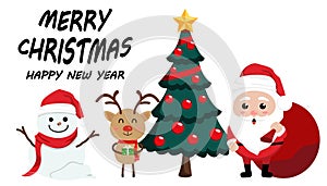 Character Cartoon Cute Christmas Day , Merry christmas happy new year festival , santa claus with gift box in bag and snow man