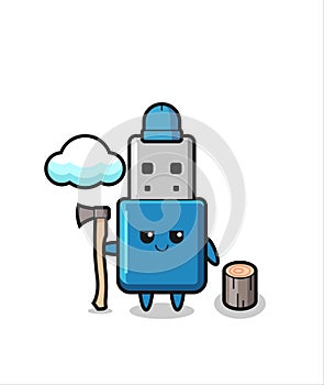 Character cartoon of flash drive usb as a woodcutter