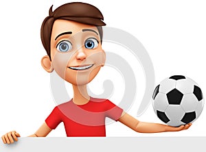 Character cartoon guy with a soccer ball on a white background. 3d rendering. Illustration for advertising