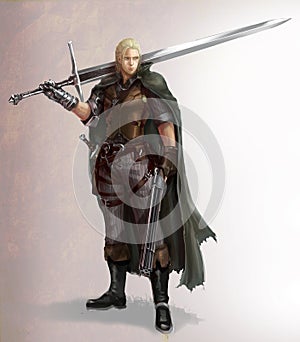 Character cartoon illustration of a male fantasy warrior with sword and shotgun.