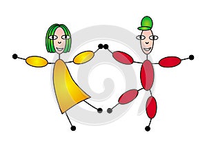 Character cartoon man and woman in dance, holding hands.