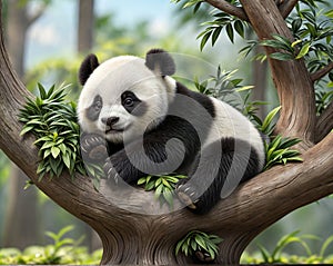 Character cartoon panda resting on the branch of tree