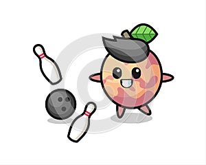 Character cartoon of pluot fruit is playing bowling