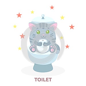 character cat sitting in the toilet, cartoon style