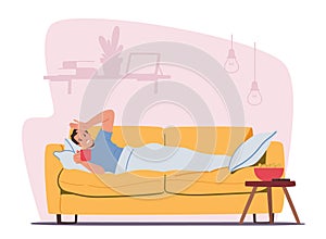 Character Caught Flu, Sickness Concept. Sick Man Got Cold, Diseased Sad Person Lying on Sofa Drinking Hot Beverage