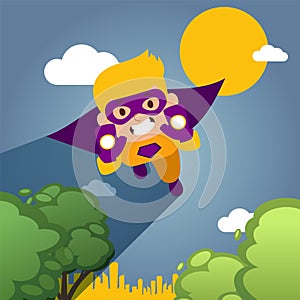 Character child fly, levitates and play in city park, child in mask, super cloak, costume, flat vector illustration. Kid