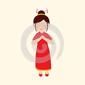 Character Of Chinese Girl In Traditional Costume Doing Fist And Palm Salute On Beige