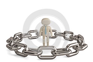 A character in a chrome chain circle on white background.3D illustration.