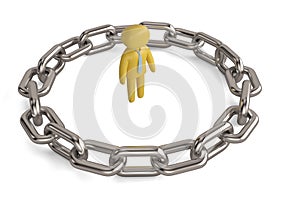 A character in a chrome chain circle on white background.3D illustration.