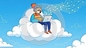 Character on a cloud working on a laptop, representing cloud computing.