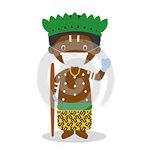 Character from Congo dressed in the traditional way and with surgical mask and latex gloves