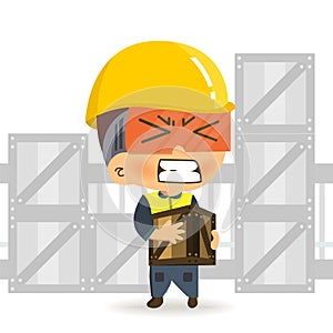 Character constructor worker cartoon of walking carrying heavy box and get pain from backache