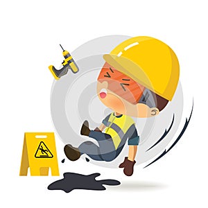 Character constructor worker islipping on grease.  Vector illustration, concept : Safety and accident, Industrial safety