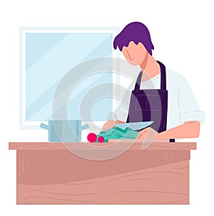 Character cooking at home, man preparing meal in kitchen