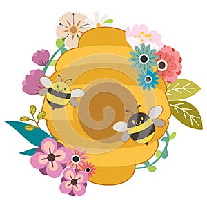 The character of cute black bee and yellow bee with beehive and flower on the white background in flat vector style