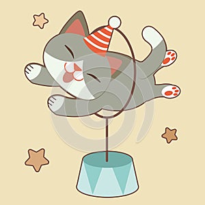 The character of cute cat jumping hoops on the yellow background and  star. The cute cat look enjoy with canival.